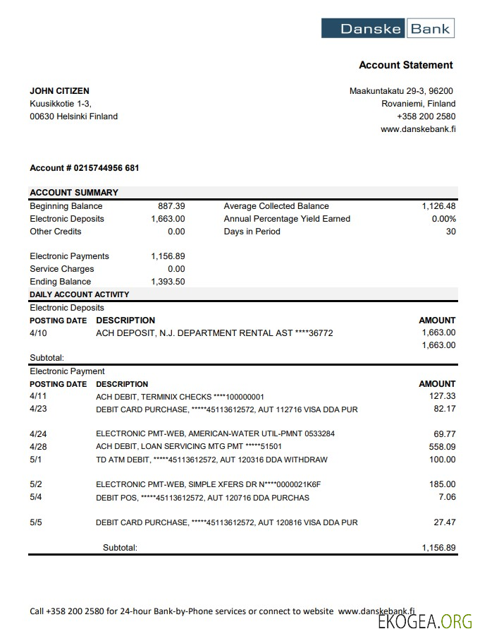 Modèle de relevé bancaire Finland Danske facile à remplir au format de fichier .xls et .pdf
